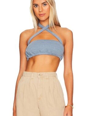 WeWoreWhat Tie Halter Bra Top | Wide Rib | Storm Blue | Size S | NWT